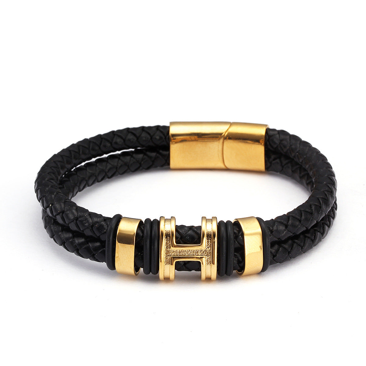 Retro Stainless Steel Ring Genuine Leather Charm Bracelet