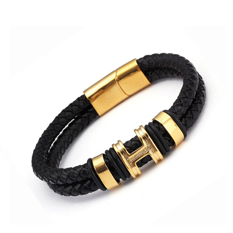 Retro Stainless Steel Ring Genuine Leather Charm Bracelet