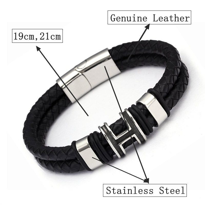 Retro Stainless Steel Ring Genuine Leather Charm Bracelet