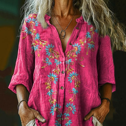 Women's Retro Ethnic Printed Casual Cotton And Linen Shirt