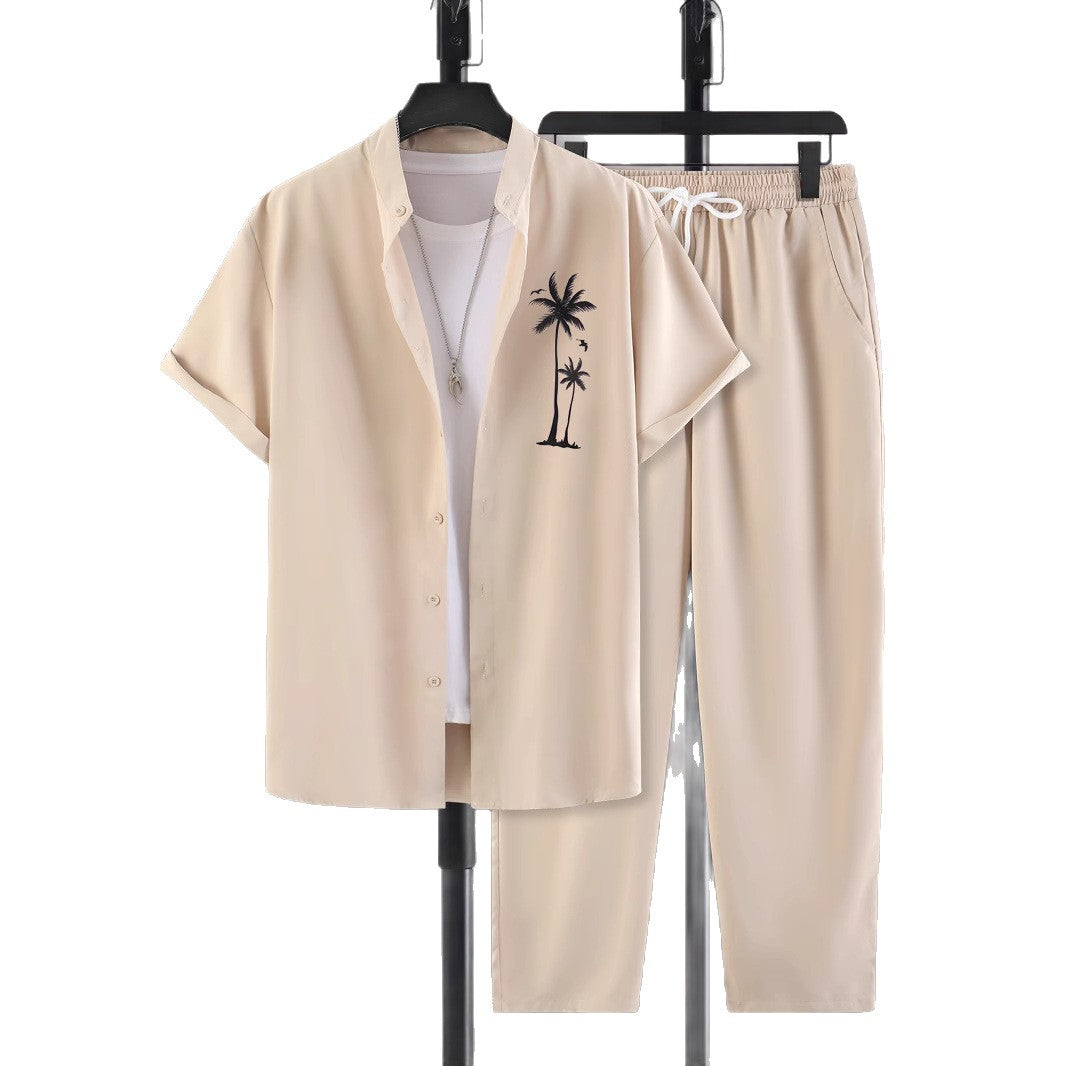 Men's European-size Coconut Printed Short-sleeved Shirt Trousers