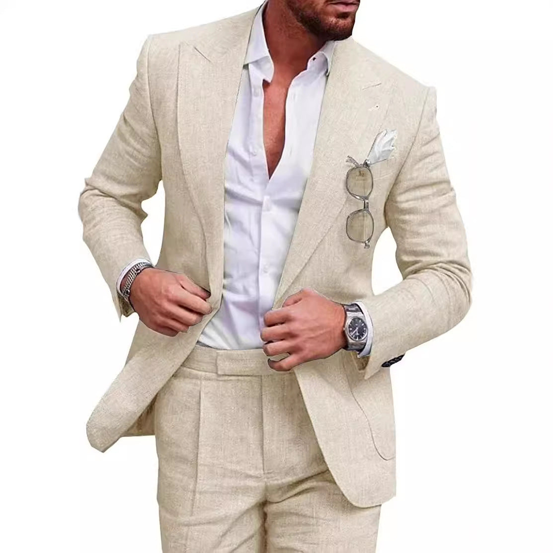 Men's Large Single Row One Button Solid Color Suit Two-piece