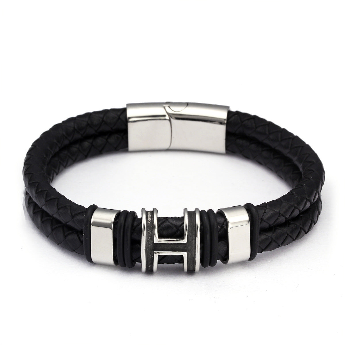Retro Stainless Steel Ring Genuine Leather Charm Bracelet